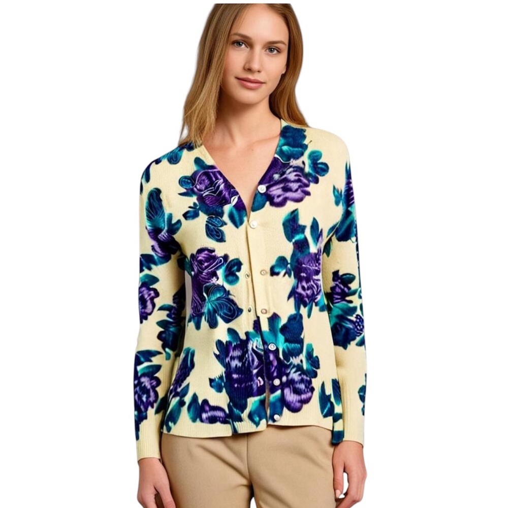 Casual Corner Cardigan Angora Hair Sweater Vintage Floral Embroidered Wool Soft